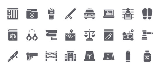 24 filled Crime web icons such as bullet, police station, money laundering, handcuff, police car. Solid vector glyphs for report, presentation, web design and mobile app © William