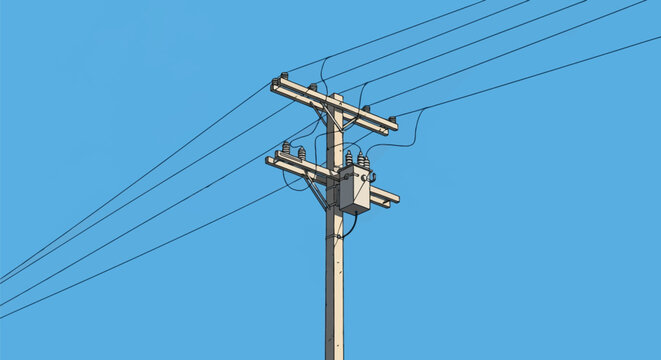 Minimalist illustration of a wooden utility pole featuring electrical transformers, ceramic insulators, and power cables set against a solid bright blue sky background in daylight.
