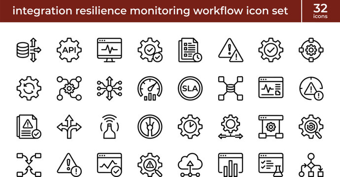 Integration Resilience Monitoring Workflow Icon Set Featuring Reliability Analytics Alert Management Observability and System Performance