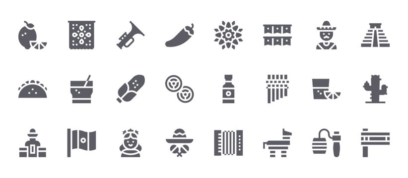 24 filled Cinco De Mayo web icons such as balero, mariachi, tequila shot, tepache, dalia. Solid vector glyphs for report, presentation, web design and mobile app