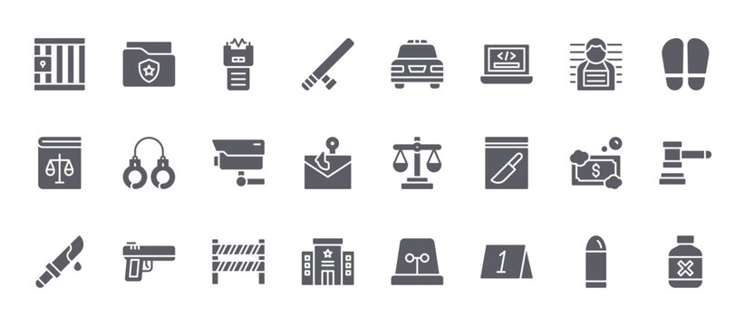 24 filled Crime web icons such as bullet, police station, money laundering, handcuff, police car. Solid vector glyphs for report, presentation, web design and mobile app