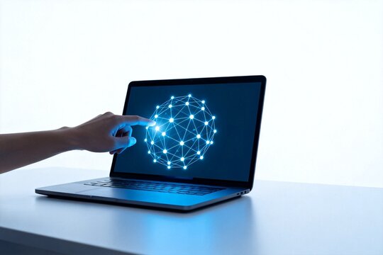 Hand interacting with digital network on laptop