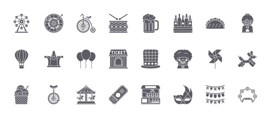 24 filled Carnival web icons such as garlands, ticket, pinwheel, joker hat, beer mug. Solid vector glyphs for report, presentation, web design and mobile app © William