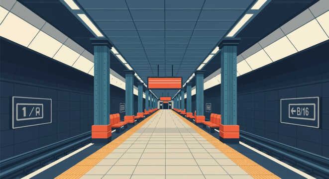Symmetrical flat vector illustration of an empty underground subway station platform featuring blue columns, orange benches, train tracks, directional signs, and ceiling lights.