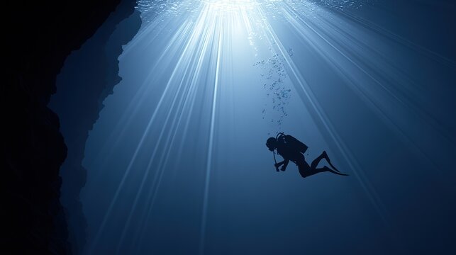 Deep-sea diver working by huge caisson, sunlight penetrating seawater with rising bubbles, deep blue wide depth, underwater construction documentary