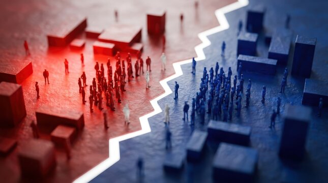 Conceptual representation of polarized political groups separated by glowing white line on red and blue textured map.
