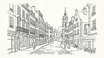 Obraz premium Charming European Town Street Hand Drawn Line Art Sketch