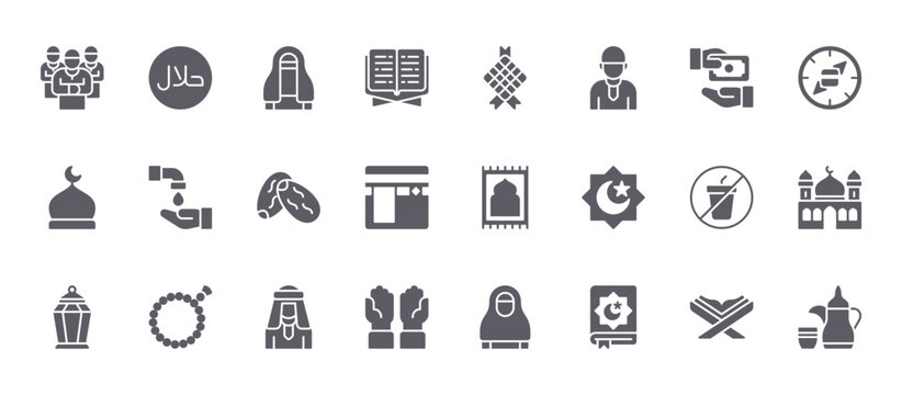 24 filled Ramadan web icons such as Quran, pray, no drink, wudhu, ketupat. Solid vector glyphs for report, presentation, web design and mobile app