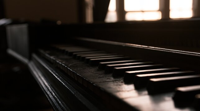 Evening castle room, dusty harpsichord keys, warm sunset light fading, faint musical memory, quiet historic space
