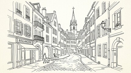 Charming European street sketch with bakery and church tower © Zack