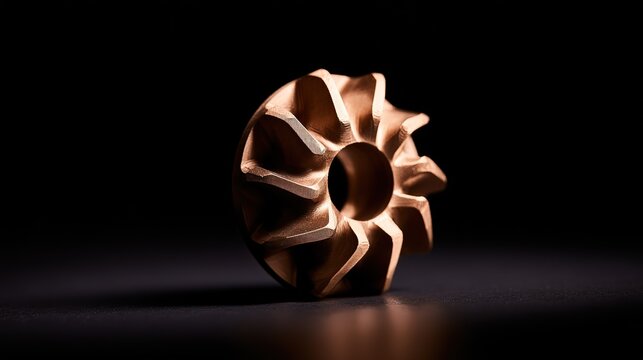 Bronze impeller component isolated on dark workshop table, shallow depth, soft overhead light, metallic texture, industrial minimal still life