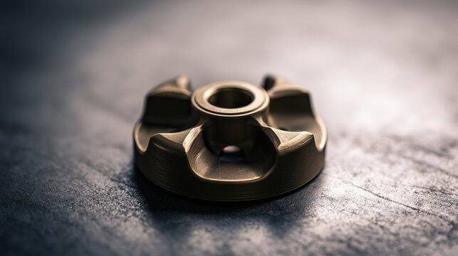 Close-up of bronze impeller on dark table, minimal setting, shallow depth soft light highlighting metal grain, industrial design element