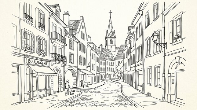 Charming European street sketch with bakery and church tower