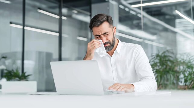 Distraught man seated at a desk wiping tears with a tissue, overwhelmed by feelings of stress, sorrow, emotional turmoil, and loss in a workplace setting