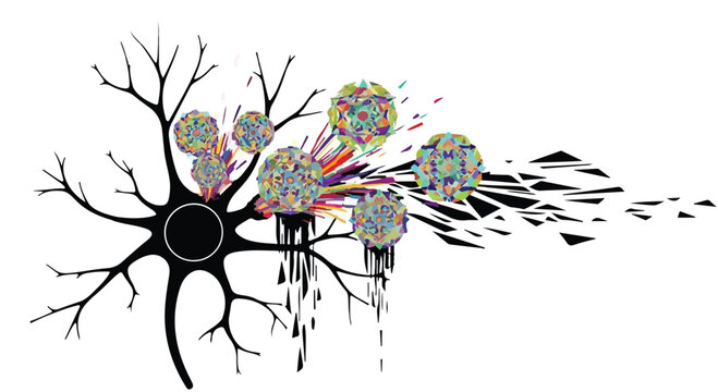 Neuron cell structure emits colorful geometric patterns representing neural activity.