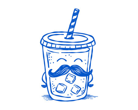 Cute iced drink cup wearing sunglasses, blue summer beverage line art doodle for cafe menus, stickers and seasonal graphics