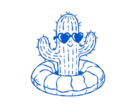 Cactus wearing sunglasses in pool float, funny blue summer desert doodle icon for stickers, apparel and vacation graphics