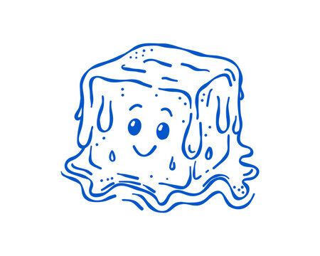 Cute melting ice cube character in blue line art style, funny summer heat doodle icon for stickers, drinks and seasonal designs