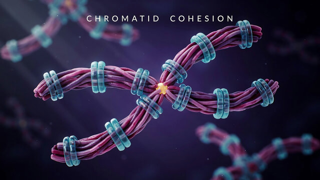 Chromatid cohesion and chromosome structure with cohesion proteins and DNA replication  purple and blue molecular model