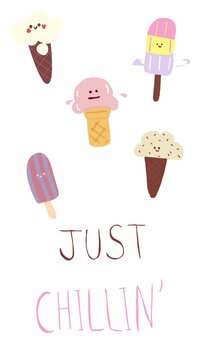 Animated cartoon Just Chillin quote with cute ice cream characters and playful dessert illustrations, creating a fun, relaxed and cheerful summer theme