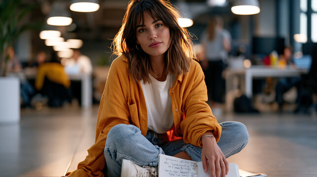young founder sitting cross-legged on office floor during lunch break, journal open to handwritten self-doubt entries questioning leadership ability, imposter syndrome visible through slumped should