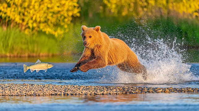 Grizzly bear splashing in river water while hunting salmon fish in alaska wilderness