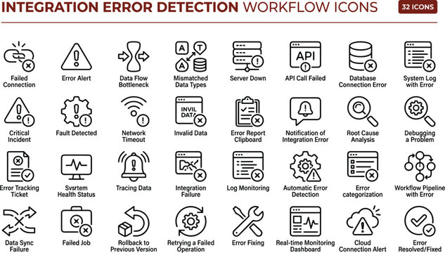 Integration Error Detection Workflow Icon Set Featuring System Monitoring Troubleshooting Alerts Failure Analysis and Process Recovery