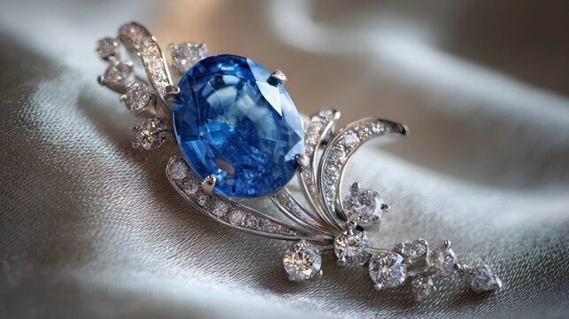 Delicate brooch design with diamond accents and a large blue gemstone Generative AI