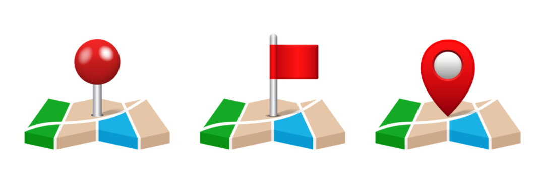 Map and map pin. Vector 3d icon set isolated on white background
