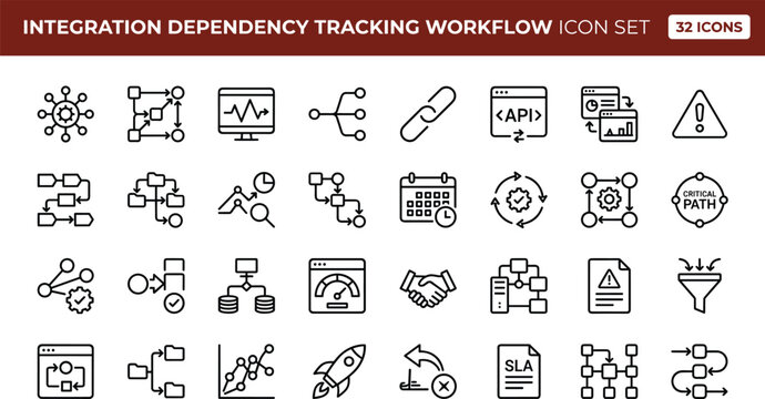 Integration Dependency Tracking Workflow Icon Set Featuring Process Monitoring Connectivity Analytics Automation and System Performance Management