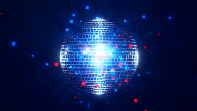 Glowing mirrored disco ball on dark stage with colorful light squares
