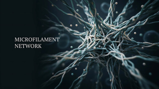 Microfilament network structure under microscope  microfilaments and particles in a complex cellular environment
