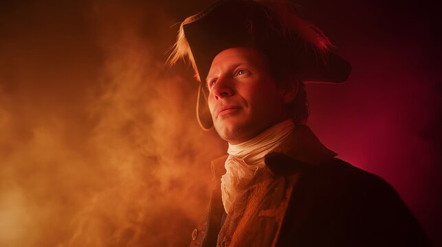 Man in period costume with a tricorn hat looking up, projecting anticipation and strategic thought in a smoky, mystical atmosphere