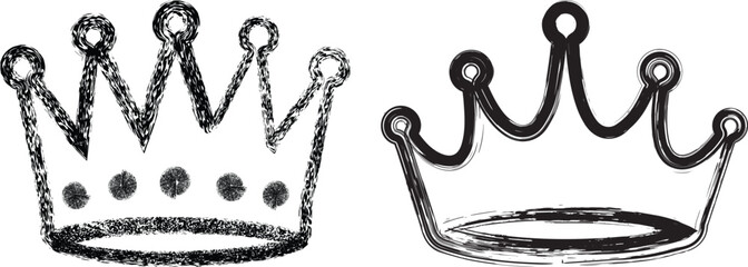 Two hand drawn crown doodle icons with black royal sketch outlines, princess tiara symbols for stickers, invitations and kids design © Design World24