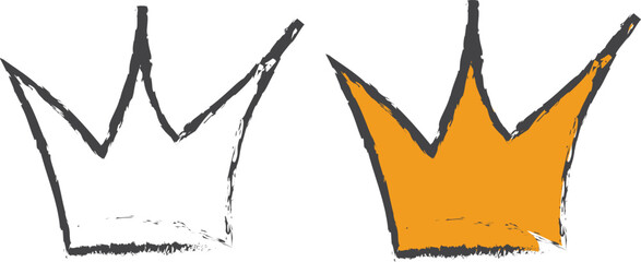 Naklejka premium Hand drawn crown icons with black outline and yellow fill, playful royal princess doodle symbols for kids party, stickers and greeting design
