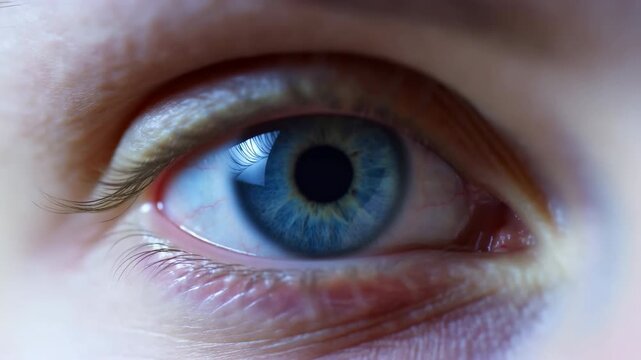 Extreme close-up of a blue human eye with window reflection