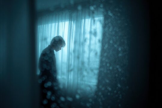Lone individual standing by a rain-kissed window, somber mood and soft shadows