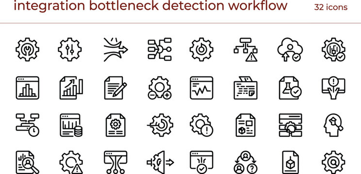 Integration Bottleneck Detection Workflow Icon Set Featuring Process Monitoring Analytics Automation Troubleshooting and System Performance Management