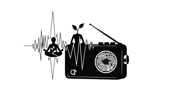 Radio device transmits audio waves near a person sitting in a meditative lotus position.
