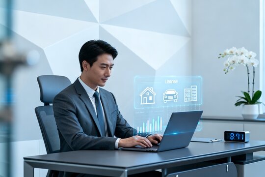 Businessman working on laptop with digital interface