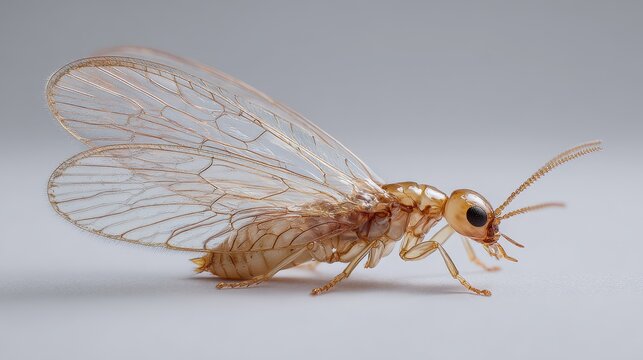 Macro photograph of a single flying termite with translucent wings on a white background