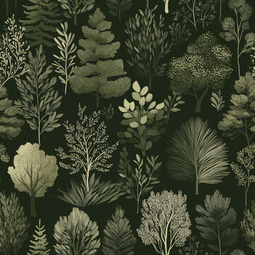 Seamless dark botanical forest pattern with green ferns, wild plants and leafy branches on deep background
