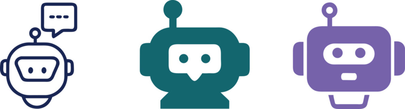 Collection of chatbot icons featuring robot head designs with speech bubbles in outline and solid flat styles for customer support interface development projects.