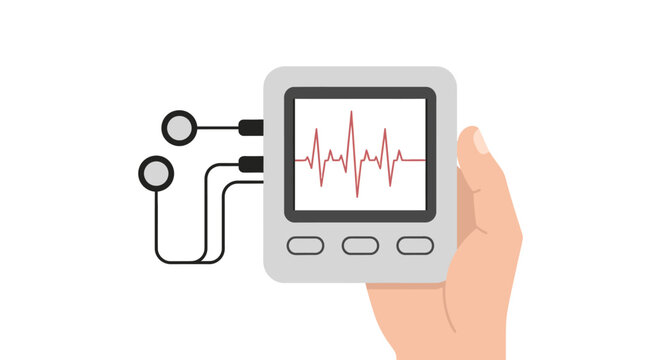 Hand Holding Heart Monitor Device with ECG Waveform Display