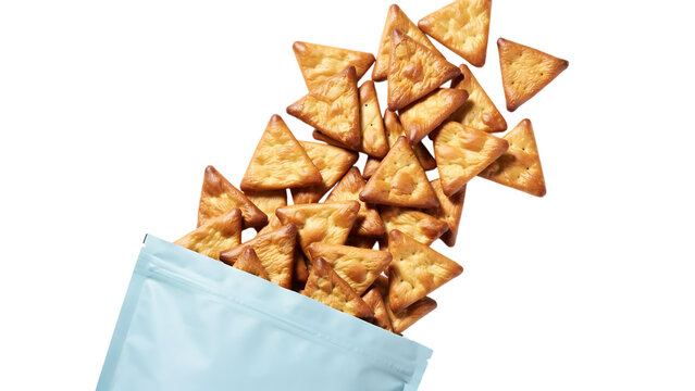 Crispy salted triangular crackers pouring out from open light blue paper snack bag on transparent background.
