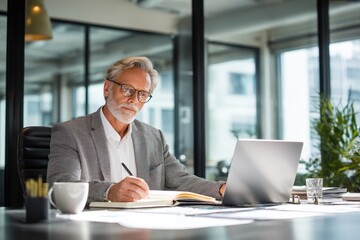 Obraz premium Mature business executive reviewing market research on a laptop during a virtual meeting in a modern office
