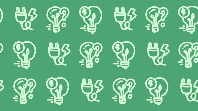 Seamless pattern of hand-drawn idea lightbulbs, electrical plugs, and question mark icons on green background animation for creative brainstorming wallpaper and renewable green energy line art.