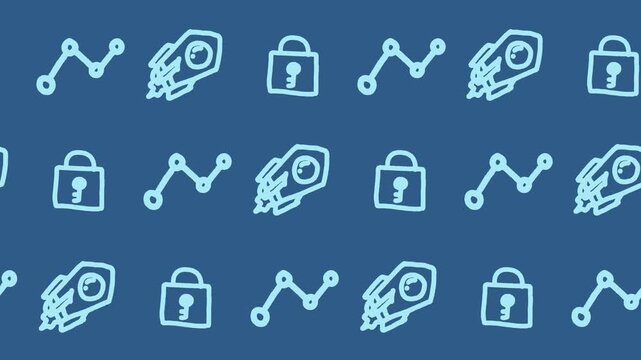 Seamless pattern of hand-drawn startup rocket ships, secure padlocks, and network node graphs on a blue background animation for business startup launch wallpaper and cyber data security line art.