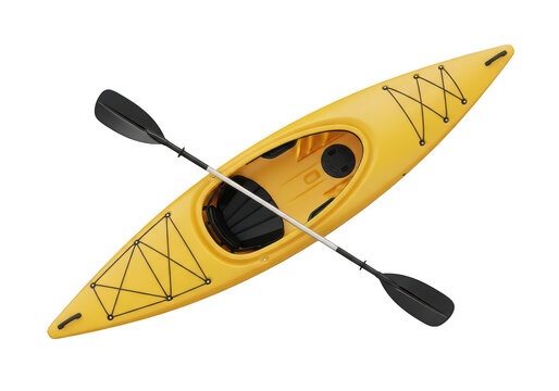 Bright yellow kayak on calm water with paddles PNG isolated on transparent background