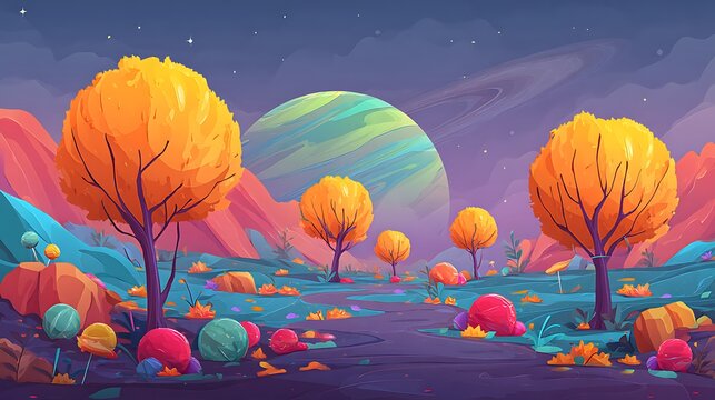 Colorful digital of hot air balloons floating over a fantasy landscape with trees and flowers